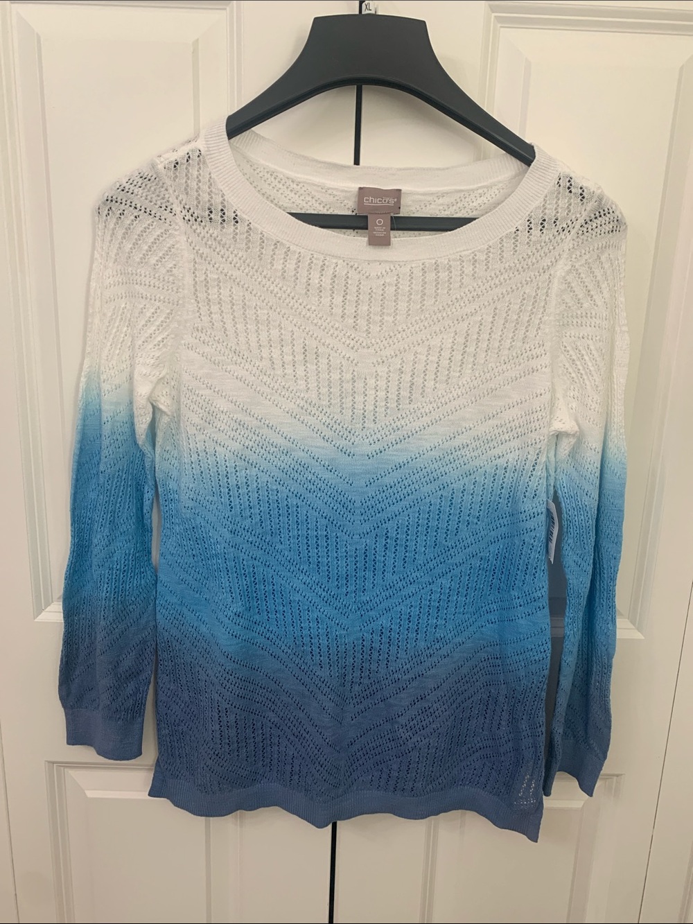 Chico's White to Blue Ombre Pointelle Crewneck Sweater
